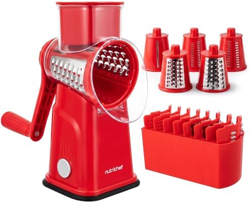 NutriChef 5 in 1 Cheese Grater & Shredder | 5 Different Blades for Thin, Thick, Julienne Strips, Wavy, & Straight Strips | Includes Hand Crank, Strong Suction Base & Storage Container | Red