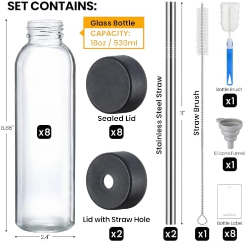[UPGRADED LID] 8 Pack 18 oz Glass Juice Bottles with 8 Airtight Lids &2 Straw Hole Lids &2 Straws, Reusable Drinking Jar, Clear Water Bottles for Juicing, Smoothies, Refrigerator & Travel - BPA Free