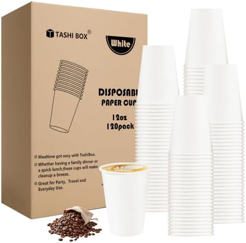 TashiBox 12 oz White Hot Drink Paper Cups - 120 Count - Disposable Paper Coffee Cups