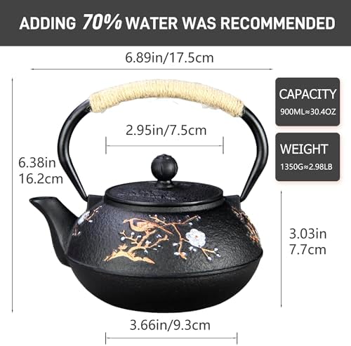 Cast Iron Teapot SECHUDO Teapot for Stovetop Safe Coated with Enameled Interior,Japanese Beautiful Tea Kettle with Stainless Steel Infuser for Loose Tea (30.4oz Plum Blossoms and Bird Pattern)