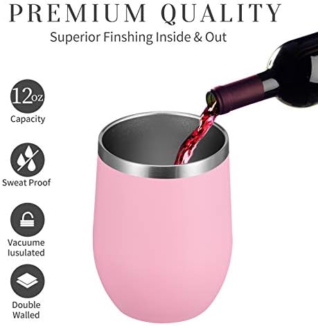MEWAY 12oz/4 Pack Wine Tumbler Glasses with Lid - Stemless Double Wall Vacuum Stainless Steel Travel Tumbler - Keeping Cold & Hot for Wine,Coffee,Cocktails,Drinks-Family and Gifts (Pink,Set of 4)