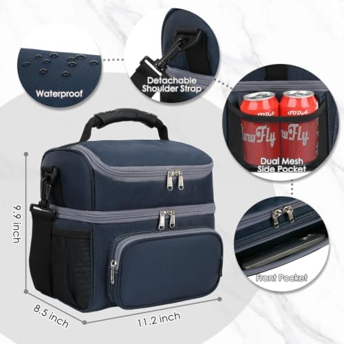 FlowFly Double Layer Cooler Insulated Lunch Bag Adult Lunch Box Large Tote Bag for Men, Women, With Adjustable Strap,Front Pocket and Dual Large Mesh Side Pockets