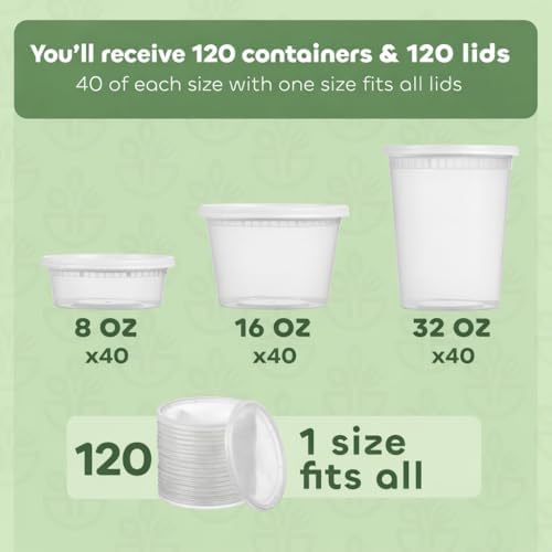 120 Sets Plastic Food Storage Deli Containers w/ Lids 8oz 16oz & 32oz Quart
