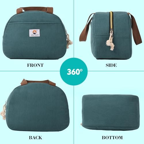 CaCTOUR Lunch Box for Women Girls Teens,Cute Lunch Box Cooler Bag, Portable Insulated Small Lunch Bag Women Reusable Corduroy Lunch Tote for Work/Travel/Picnic/School (Light Pink/Lake Green,Small)