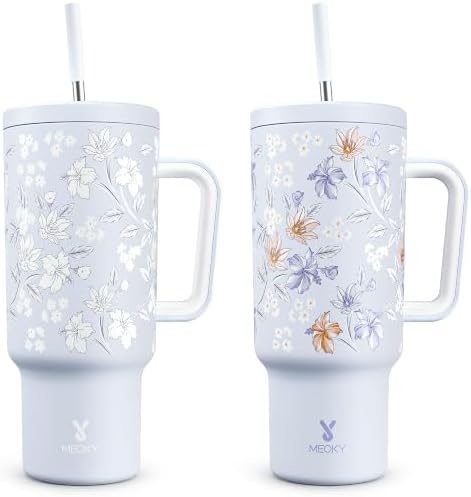 Meoky UV Color-Changing Tumbler: 40 oz Tumbler with Handle and Straw- Stainless Steel Insulated Tumbler for Car Cup Holders - Travelers Commuters Workers (1 Pack, Daylily)
