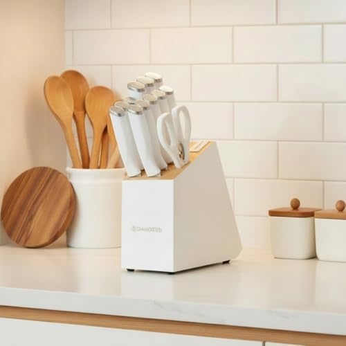 White Knife Set, 13 Pieces Knife Block Set with Built-in Sharpener