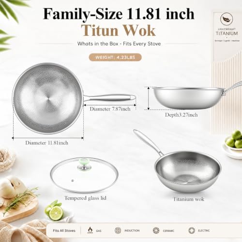 LemonRoad Titanium Wok 12" Hammered Titanium Pans for Cooking