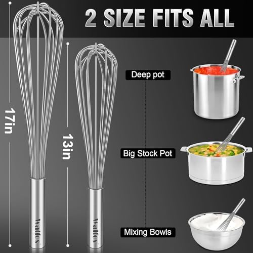 Walfos Whisks Large Whisk Set of 2, Heavy Duty Stainless Steel Wire Whisk Ideal For Beating Eggs, Mixing Batter & Blending Sauces.（13in+17in)