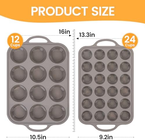 CAKETIME Silicone Muffin Pans for Baking, Metal Reinforced Frame Regular 12 Cups & Mini 24 Cups Cupcake Pan Set Nonstick Muffin Pan for Homemade Baking Easy to Handle