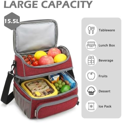 FlowFly Double Layer Cooler Insulated Lunch Bag Adult Lunch Box Large Tote Bag for Men, Women, With Adjustable Strap,Front Pocket and Dual Large Mesh Side Pockets