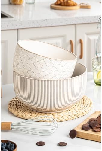 Mikiegy Ceramic Mixing Bowls Set of 2, Nesting Ceramic Embossment Stoneware Mixing Bowls for Cooking, Serving, Popcorn, Salad etc, Microwave & Dishwasher Safe, 98/145 oz, Off-White