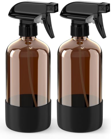 Bontip Glass Spray Bottle with Silicone Sleeve Protection, Amber Glass Spray Bottle Set for Window Cleaner Aromatherapy Facial Hydration Watering Flowers Hair Care 2 Pack/16 oz (Black)