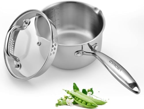 Stainless Steel Saucepan with Glass Lid, 4.0 Quart Multipurpose Sauce Pan with Cover, Sauce Pot Induction Cooking Pot- for Easy Pour with Ergonomic Handle