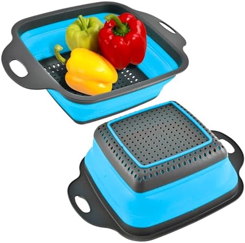 Square Collapsible Colander with Handles – Blue Square Silicone Kitchen Strainers with Plastic Handles Foldable Kitchen Strainer Perfect for Draining Pasta Vegetable and Fruit Blue