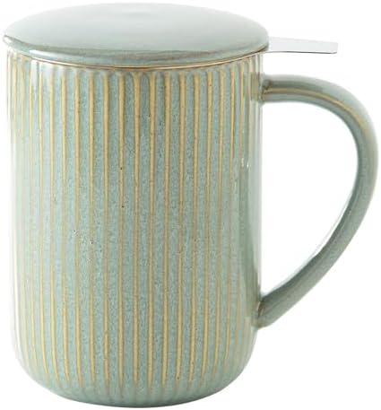 Yundu 15.5oz/470ml Flambe Green Ceramics Teacups with Infuser and Lid, Loose Leaf Tea Cup