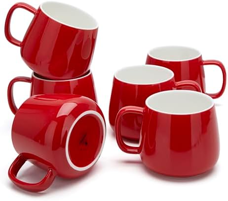 Teocera Coffee Mugs Set of 6-12oz Chip-Resistant Ceramic Cups with Ergonomic Handle | Dishwasher & Microwave Safe Red Mugs | Keeps Beverage Hot, Perfect for Family Kitchen & Holiday Gifts