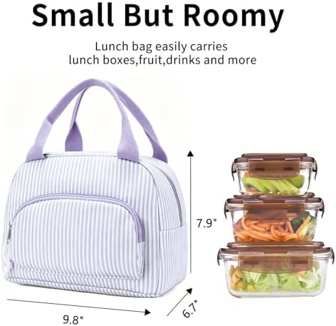 Lunch Bag Women Lunch Box for Women Adult Cute Insulated Lunch Bag Small Cooler Lunch Tote Bags for Work Picnic Travel (Purple Stripes)