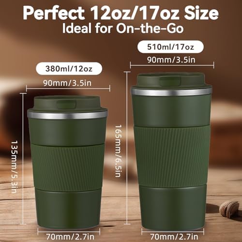 12OZ Travel Coffee Mug Insulated Coffee Cup with Spill Leak Proof Lid, Portable Stainless Steel Tumbler Reusable Hot and Cold Water Mug for Car, Daily, Camping- Military Green
