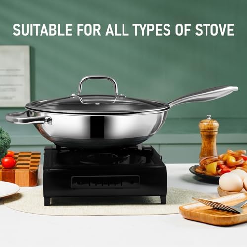 SLOTTET Hybrid 12-Inch Wok with Lid,Nonstick Stainless Steel Woks & Stir-fry pans,Stay-Cool Handle,PFOA Free Cookware,Dishwasher and Oven Safe,Compatible with All Cooktops