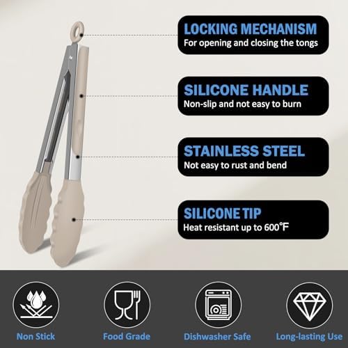 Cooking Tongs with Silicone Tips, 600°F Heat-Resistant, 9" & 12"