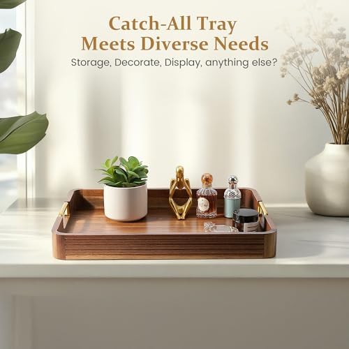 Acacia Wood Serving Tray with Gold Handles (Natural, 17" x 13" x 2")