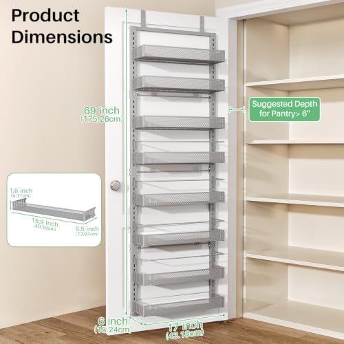 SNTD 8 Tiers Over the Door Organizer, 17" W x 6" D x 69" H, Grey