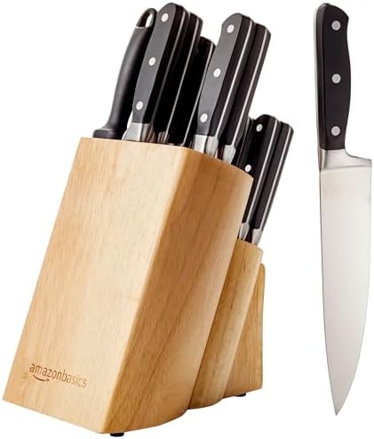 Amazon Basics 18-Piece Premium High-Carbon Stainless Steel Kitchen Knife Set with Built-in Sharpener, Ergonomic Handles, Pine Wood Block, Black