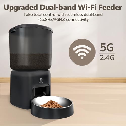 Automatic Cat Feeder, 5G WiFi Auto Cat Food Dispenser with Desiccant Bag, 5L Timed Pet Feeder with Free APP Service, Adjustable Portions Down to 1/12 Cup, Up to 10 Meals Per Day, Dual Power Supply