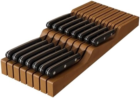 In-Drawer Knife Block Organizer - Bamboo Wood Drawer Knife Organizer-Protecting Knife Organizer Block (Not Included) (Brown, 15 Knives Dock)