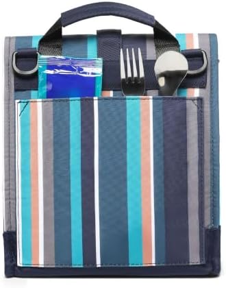 SUNNY BIRD Insulated Lunch Bag Rolltop Lunch Box Tote Bag for Women, Men, Adults and Teens (Navy Teal Stripe)
