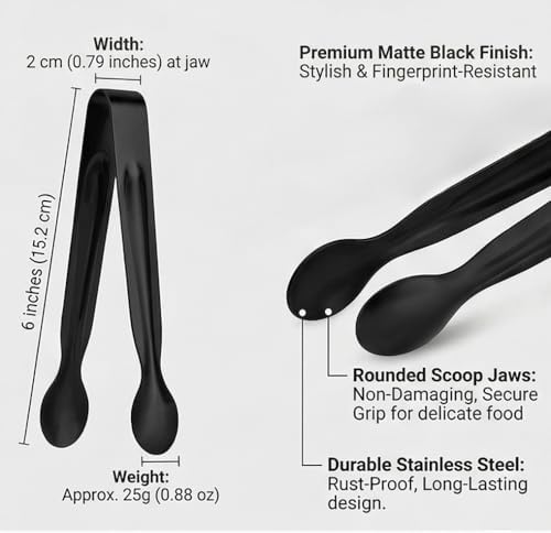 Small Serving Tongs, Mini Stainless Steel Sugar Tongs for Ice, Candy, Appetizers, Charcuterie, Kitchen Serving Utensils, Black