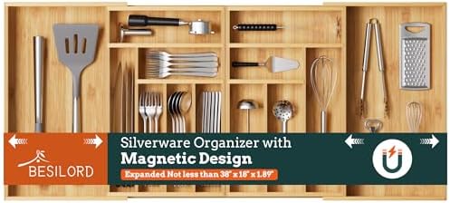 Silverware Organizer Large, Magnetic Connected Expandable 13 Slots Silverware Drawer Organizer From 21 to 37.4 Inches, Adjustable Flatware and Cutlery Holder, Bamboo Utensil Tray for Kitchen Natural