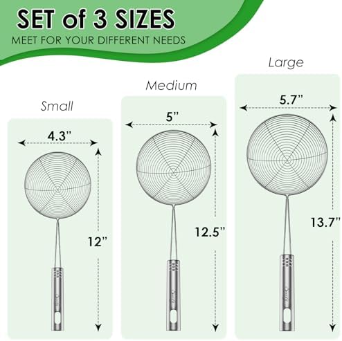 Swify Spider Strainer Set of 3 Asian Strainer Ladle Stainless Steel Wire Skimmer Spoon with Handle for Kitchen Frying Food, Pasta, Spaghetti, Noodle-4.3", 5", 5.7"