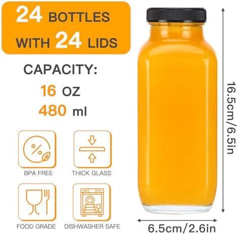 CUCUMI 24pcs 16oz Glass Juice Bottles with Lids