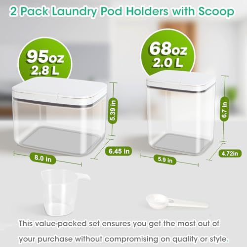 2 Pack Laundry Pods Container with One-Click Pop-up Lid 95 oz + 68 oz