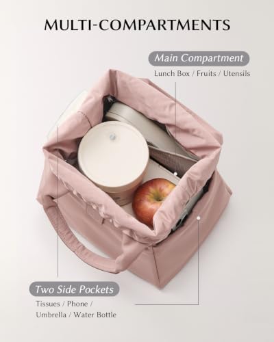 EACHY Drawstring Lunch Bag for Women Insulated Cute Bucket Lunch Box Tote Reusable Work Lunch Pail with 2 Side Pockets Thermal Cooler Handbag for Office Commute Gym (Pink)