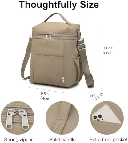 NOL Insulated Lunch Bags for Women Cooler Bag Lightweight Nylon Waterproof Lunch Box for Work Khaki Large 12L