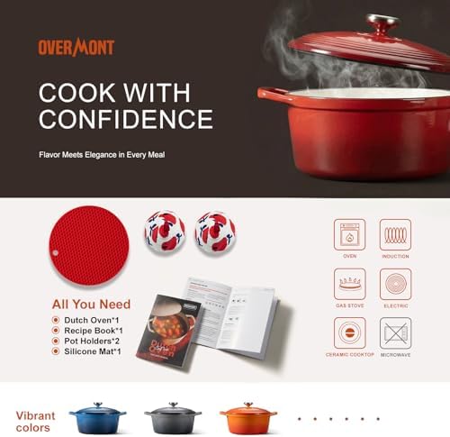 Overmont Enameled Cast Iron Dutch Oven - 5.5QT Pot with Lid Cookbook