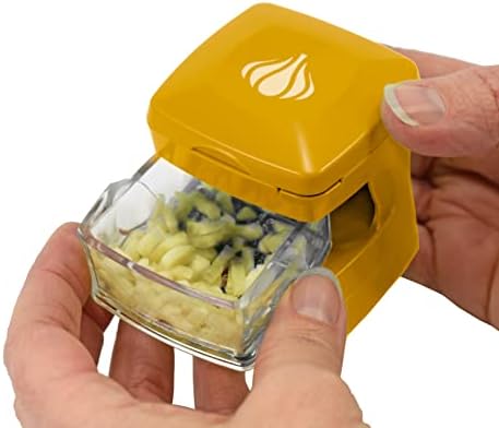 Garlic-A-Peel Garlic Press, Crusher, Cutter, Mincer, and Storage Container - Includes Silicone Garlic Peeler - Easy to Clean - Stainless Steel Blades – (Honey), standard