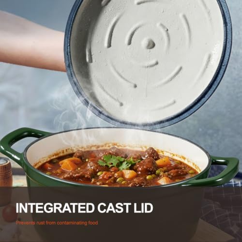 Overmont Enameled Cast Iron Dutch Oven - 5.5QT Pot with Lid Cookbook & Cotton Potholders - Heavy-Duty Cookware for Braising, Stews, Roasting, Bread Baking Bamboo Shadow