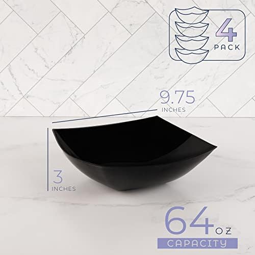 PLASTICPRO Disposable Square Serving Bowls, Party Snack or Salad Bowl, Plastic Black Pack of 4, 64 OUNCE, Black