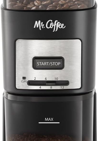 Mr. Coffee Automatic 12 Cup Burr Mill Coffee Grinder with 12 Custom Grinders, Black / Stainless Trim
