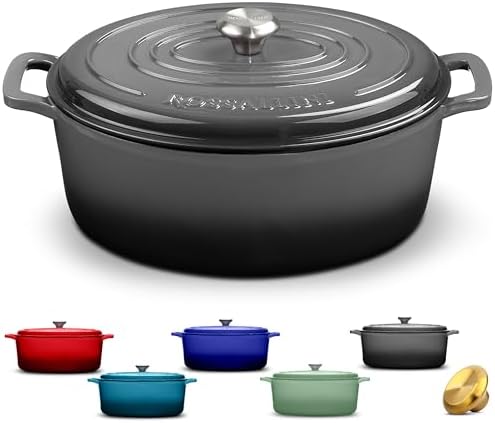 ROSSALLINI Signature Enameled Cast Iron Oval Dutch Oven | Non-Stick Serving Pot with Tight Fitting Lid for Perfect Roasting, Baking, Sauteing, and Bread Making | 9.5Q [Oyster Grey]