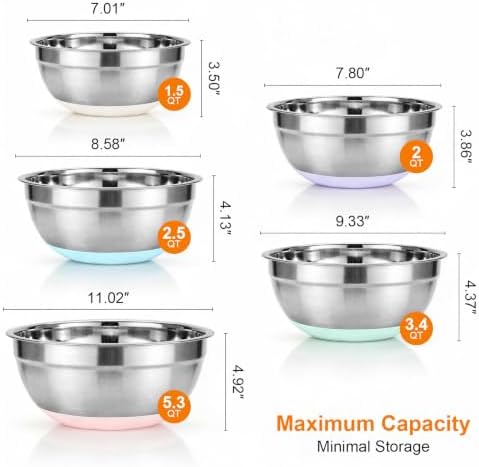 5PCS Stainless Steel Mixing Bowls Set With Non-Slip Silicone Base