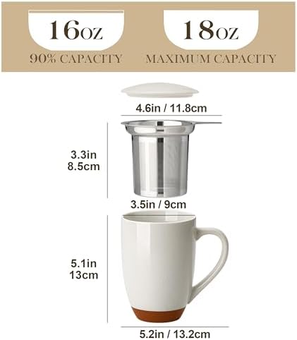 MALACASA Ceramic 18 oz Tea Mug with Lid and Infuser, Khaki Gray