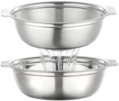 Colander for Kitchen Stainless Steel, 4QT Rice Strainer Bowl with Handle for Washing Pasta, Spaghetti, Vegetables, Fruit, Durable Use, Dishwasher Safe(2PC)