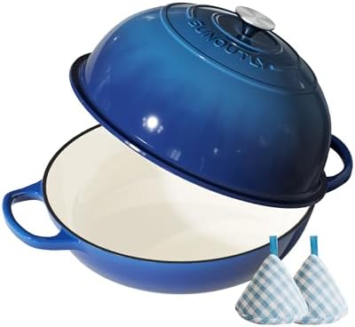 Enameled Cast Iron Bread Oven, 6QT Cast Iron Dutch Oven for Homemade Sourdough Bread Baking, Round Bread Pot with Dome Lid & Cotton Potholders, Navy Blue