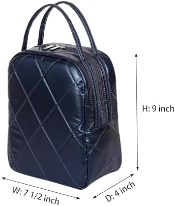 Machine Washable Women Quilted Fabric Insulated Reusable Cooler Lunch Bag Tote Adult Thermal Lunch Box Storage Bag for Ｗork (Navy Blue)