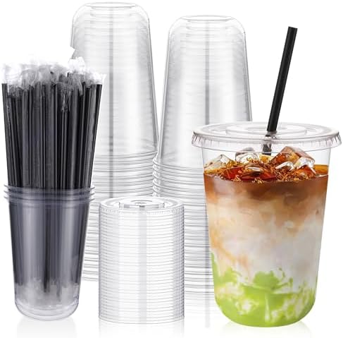 tchrules 50 Set 16oz Clear Round Bottom Plastic Cups with Lids and Straws
