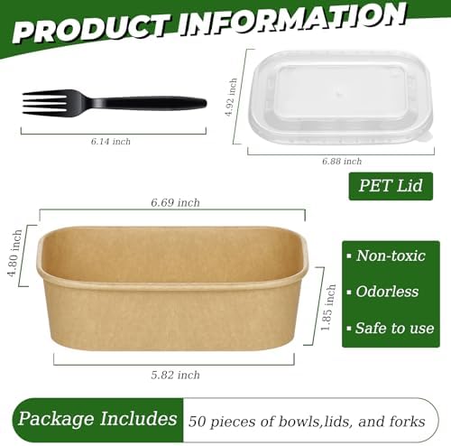 50-Pack 19oz Disposable Kraft Paper Bowls with Lids and Forks, Disposable Meal Prep Containers Bowls Disposable Food Prep Container with Lids, Freezer and Microwave Safe for Hot Soup Cold Food Takeout